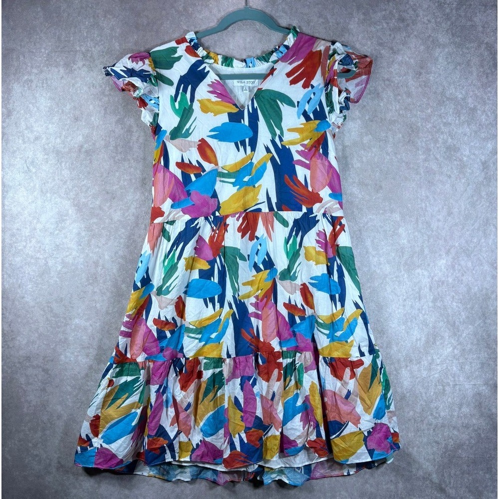 Willa Story Dress Womens L Multicolor Abstract Cotton Tiered Flutter Sleeve Boho